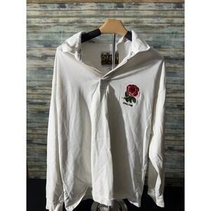 Cotton Traders Rugby Shirt XL White EUC England Rose Embroidered Long Sleeve